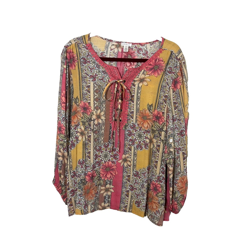 Colorful Floral Lace Up Tunic Top L Boho Indie Folk Peasant Festival Chic